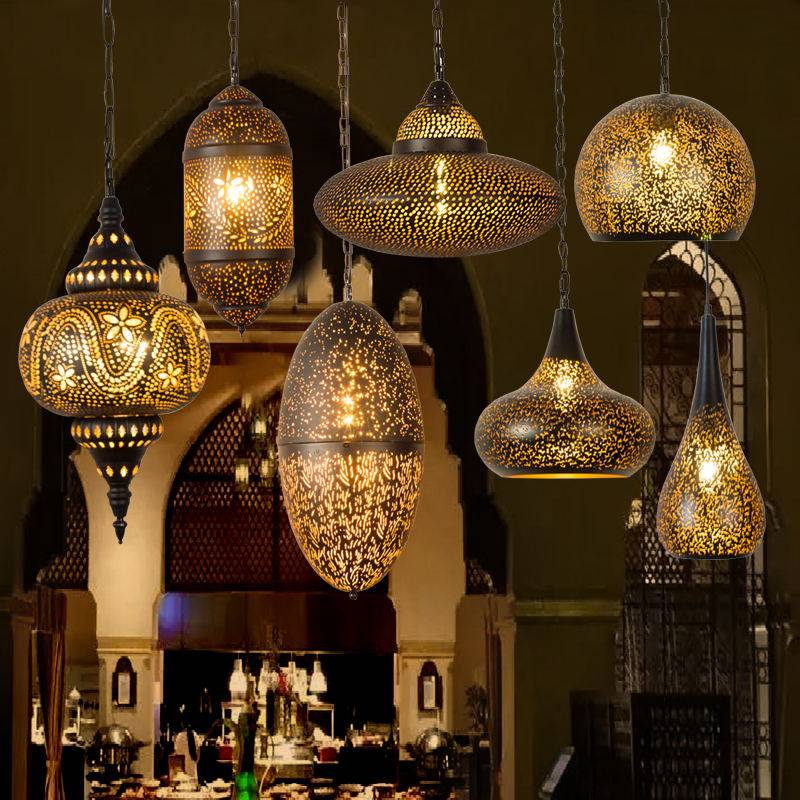 镂空吊灯复古铁艺工业风单头金色雕刻装饰新疆风格餐厅吊灯饭店灯