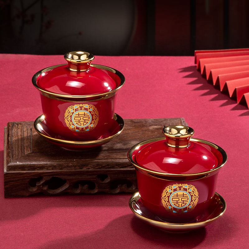 高档陶瓷敬茶杯子结婚礼改口喜杯对碗筷装婚庆女方陪嫁用品大全