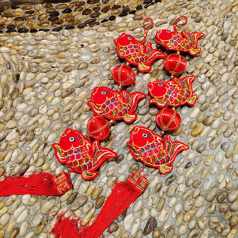 虎年春节装饰挂件双面刺绣挂饰家居新年场景布置彩鱼年年有余