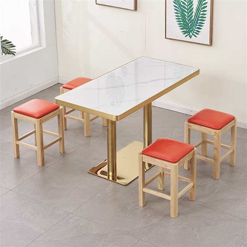 快餐桌椅实木凳小吃店餐饮商用岩板包金边咖啡汉堡圆方桌