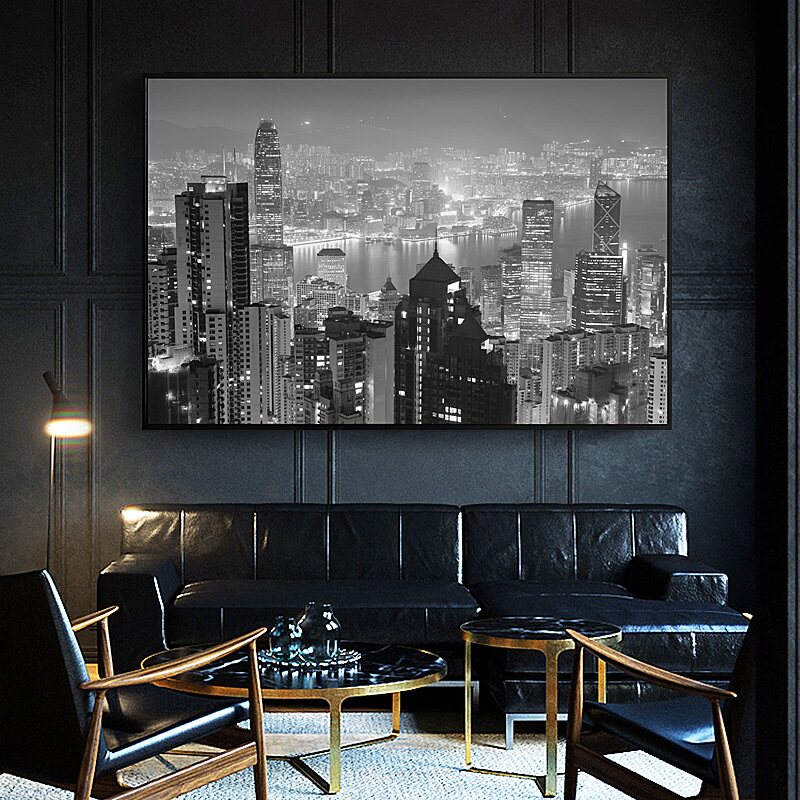 都市夜景 现代黑白摄影装饰画壁画挂画客厅餐厅咖啡馆工业风墙画