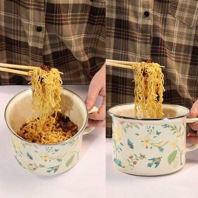 加厚卡通中式搪瓷碗学生宿舍泡面碗加厚超大容量家用带盖带把柄杯