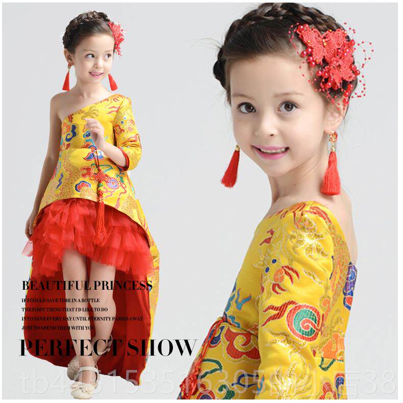 正品高档女儿拖尾婚纱服晚礼童黑色长童袖秋款模特T台走秀表演出