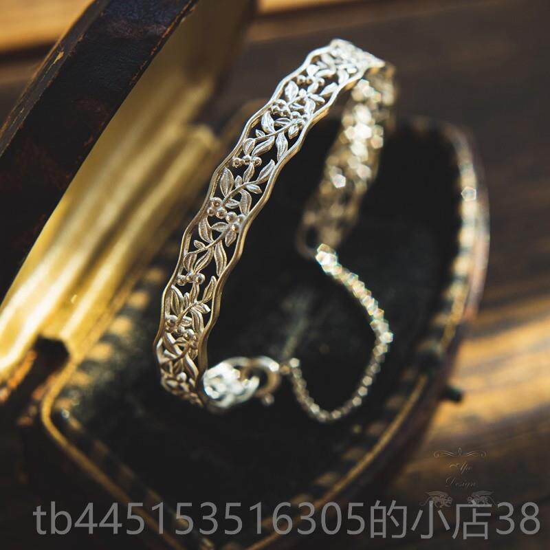 正品92银纹镂花口空简约覆古风开 手5镯金属狂潮百搭气质手环 金