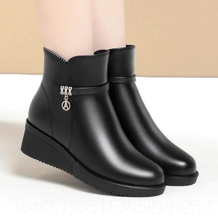 正品短真皮妈妈棉鞋中跟粗跟女靴毛皮鞋跟加羊厚保暖坡防滑中老年