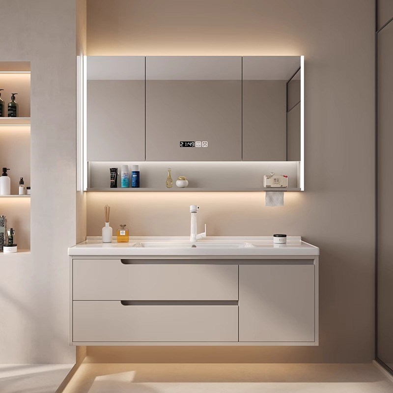 奶油风浴室柜一体盆陶瓷洗脸盆卫生间新款洗手盆柜组合洗漱洗手台