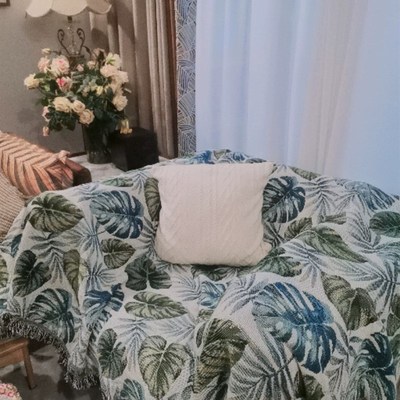 小清新龟背叶沙发毯涤棉混纺提花线毯沙发巾多功能盖毯床盖