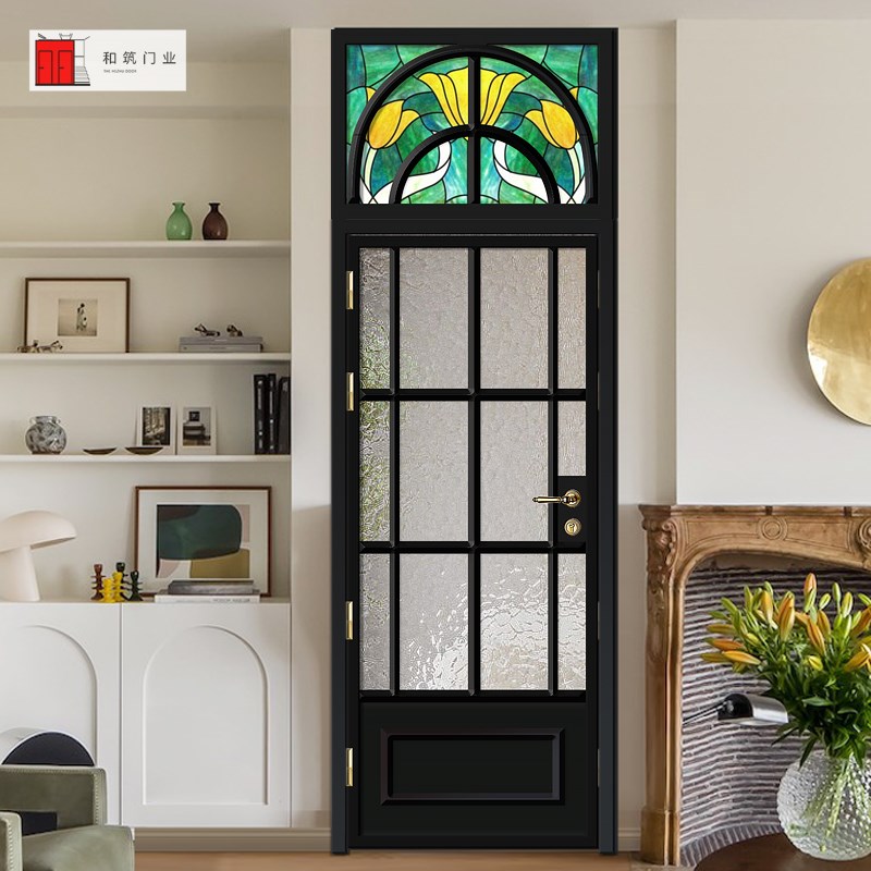 和筑门业法式复古教堂珐琅彩蒂凡尼屏风钛镁铝合金彩绘艺术玻璃门