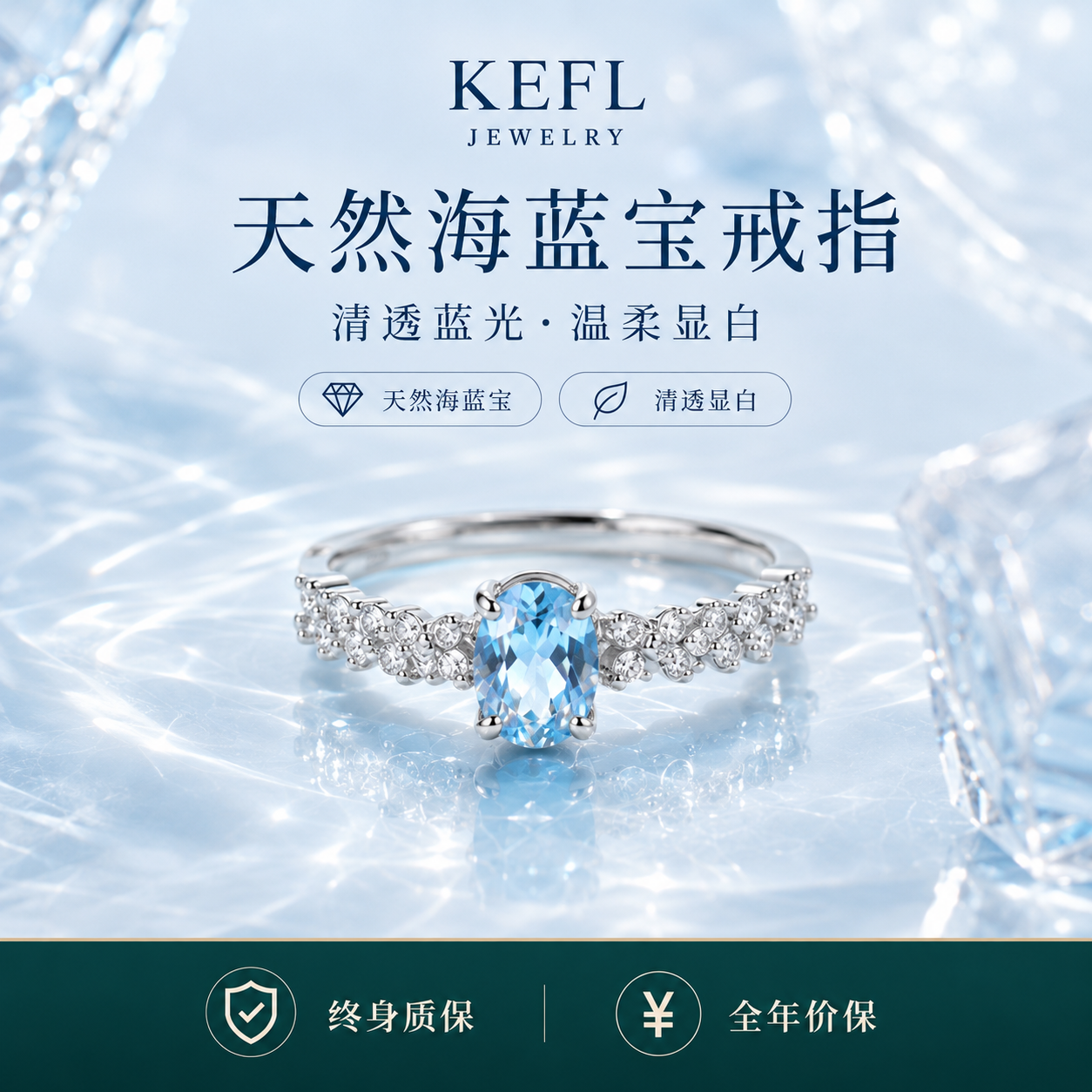 KEFL天然1克拉海蓝宝 S925银戒 活口设计送闺生日高级感礼物