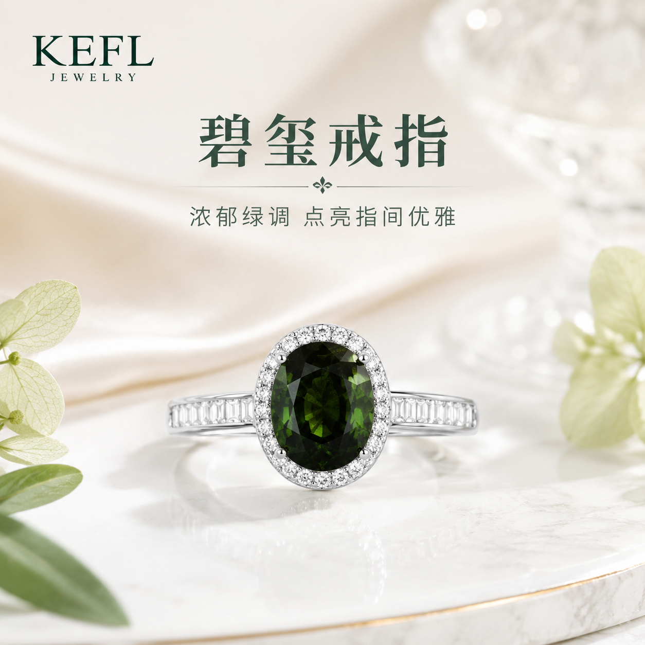 KEFL天然巴西绿碧玺戒指2ct 新复古轻奢S925银闪钻开口戒