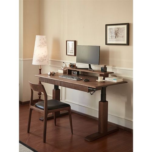 北美黑胡桃木电动升降桌复古色实木书桌现代简约家用办公桌写字桌