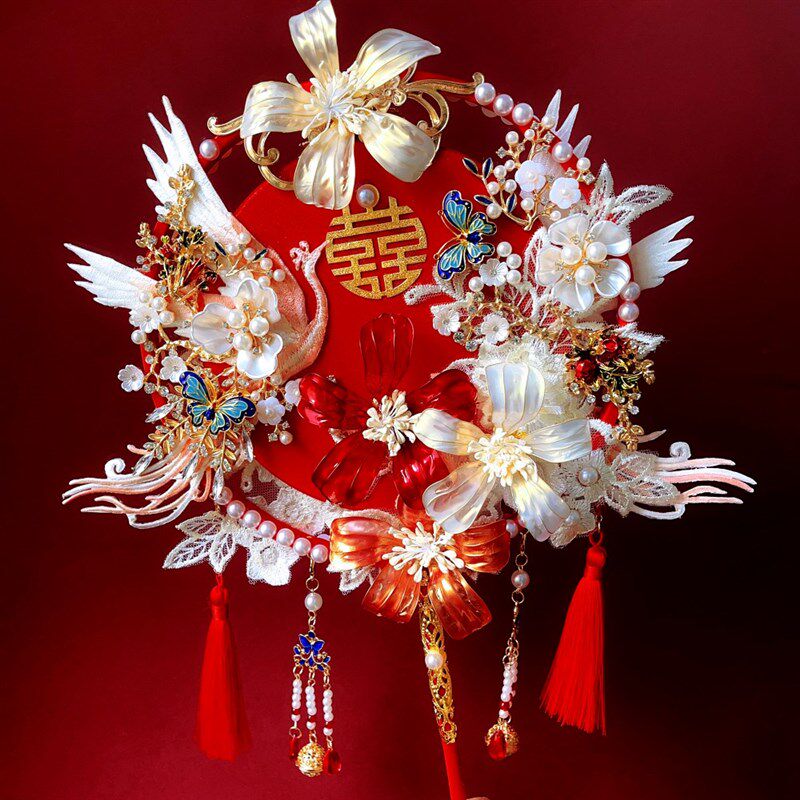 呦依新款喜扇成品双面双圈造花液团扇diy材料包新娘结婚龙凤秀禾