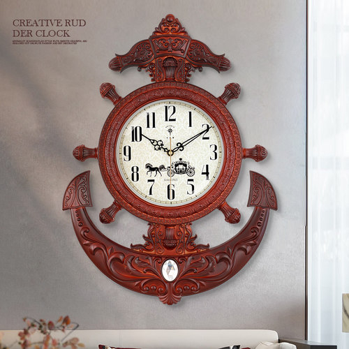 北极星欧式客厅挂钟创意静音大号船舵钟表静音复古石英钟时尚挂表