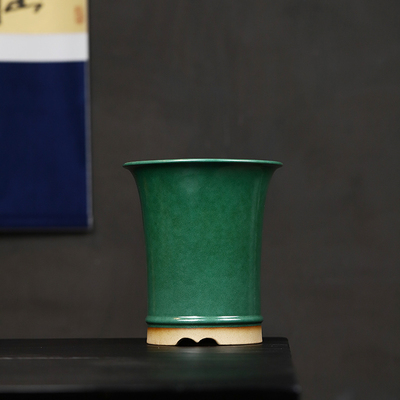 秦夕洪紫砂花盆精品茶沫绿釉圆形透气春兰建兰矮种植物花卉桌面盆