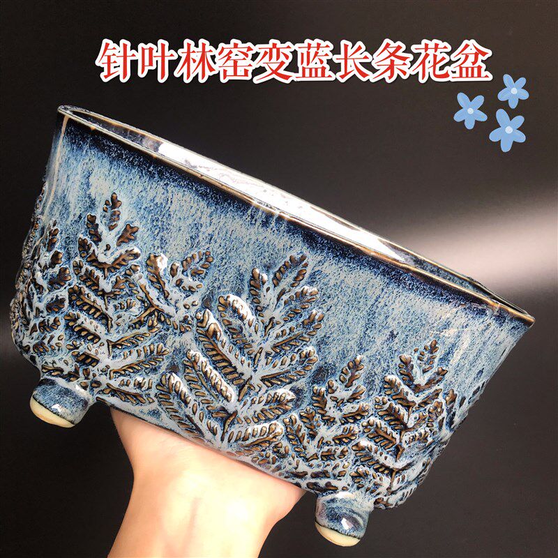 出口德国窑变蓝针叶林长条带脚花盆陶瓷欧式浮雕盆高档多肉蝴蝶兰,鲜花速递/花卉仿真/绿植园艺,花盆,淘宝优惠券,粉丝福利购,淘宝优惠卷