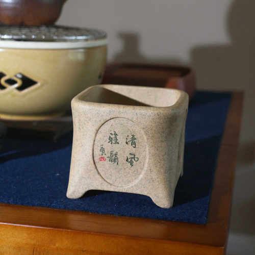 宜兴紫砂花盆段泥盆景盆精品桌面室内手工正方四方陆文梅制