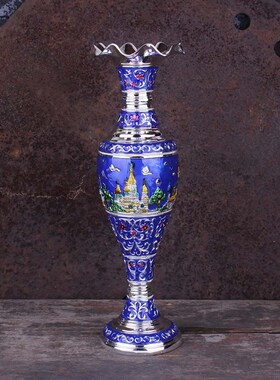 欧式金属耐摔花器装饰桌面插花瓶彩绘工艺品摆件创意城堡道具摆设