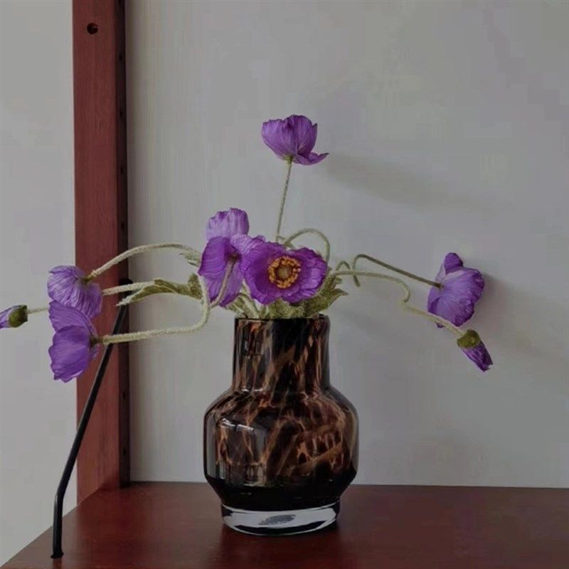 中古玻璃花瓶复古豹纹干花插花器家居酒店民宿装饰摆件桌面插花瓶