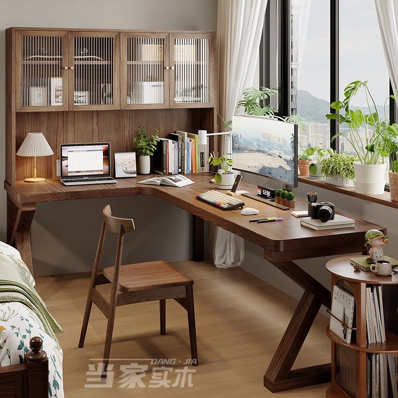 实木转角书桌书柜一体7字型电脑桌学习桌书房卧室阅读桌l型工作台,住宅家具,电脑桌,淘宝优惠券,粉丝福利购,淘宝优惠卷