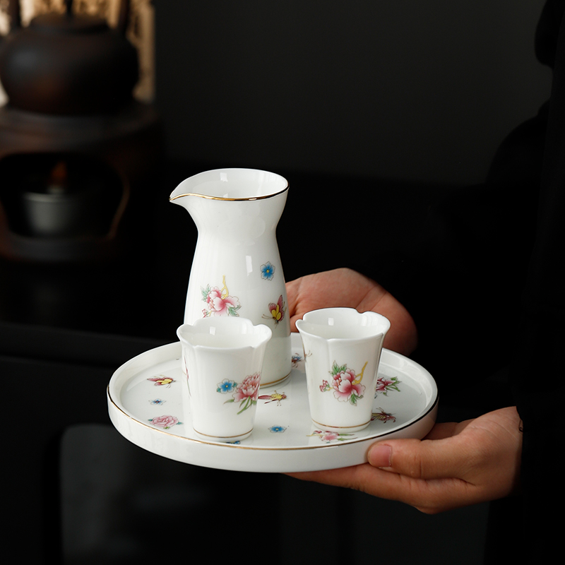 原源羊脂玉分酒具一壶二杯带托盘酒具套装描金白瓷酒壶3两装家用