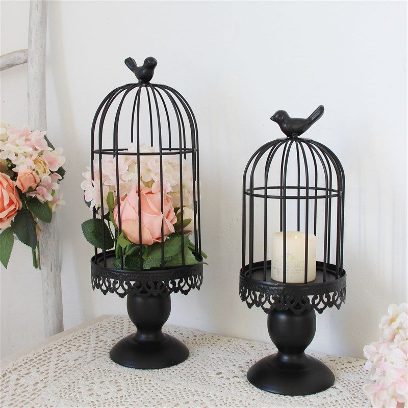 黑色婚庆摆件套二铁艺鸟笼多肉花盆可放花盆可挂挂式烛台饰品装饰