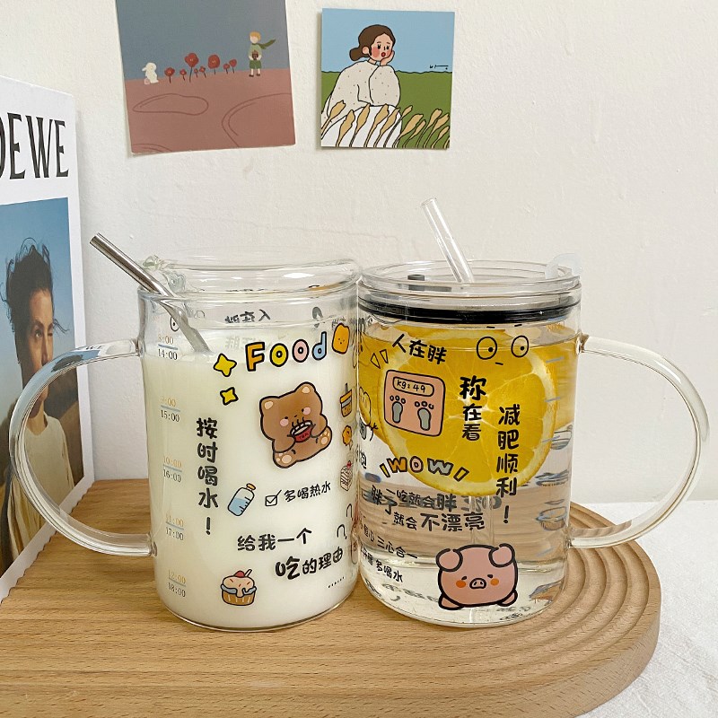 大容量1L创意七分饱水杯女玻璃杯带盖办公室耐高温咖啡牛奶吸管杯