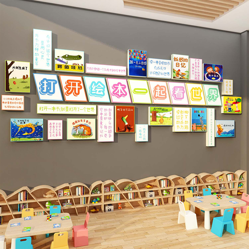 幼儿园图书角布置儿童阅读区墙贴画阅览室环创绘本馆文化墙面装饰