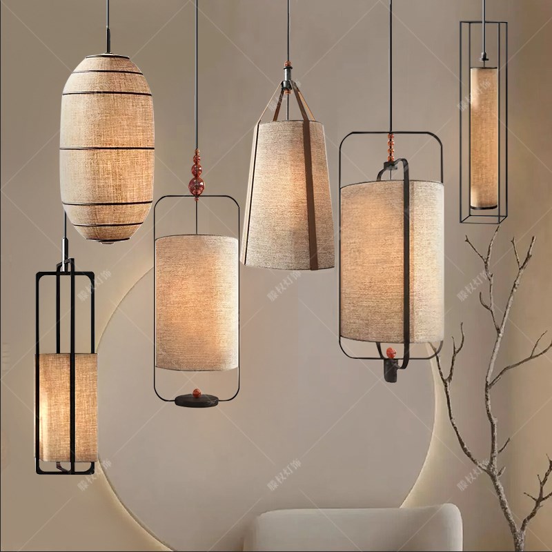 中式吊灯餐饮店吧台单头吊线灯卧室床头灯茶室书房过道楼梯布艺灯