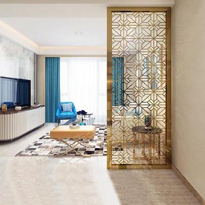酒店套间客房玄关玫瑰金中式不锈钢焊接镂空花格烤漆通花屏风隔断
