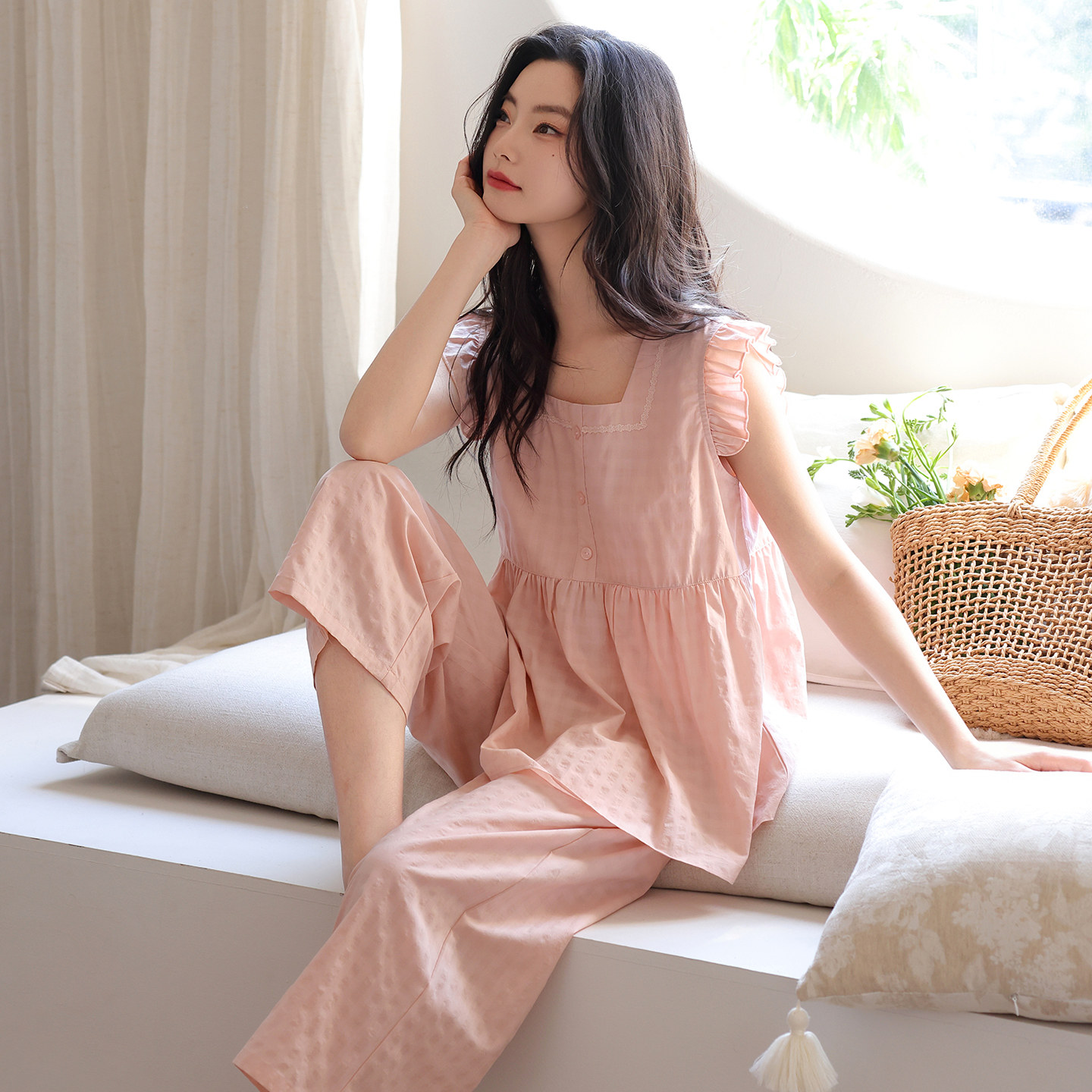 芬腾可安女士睡衣泡芙棉无袖七分裤夏天女款时尚高档可外穿家居服