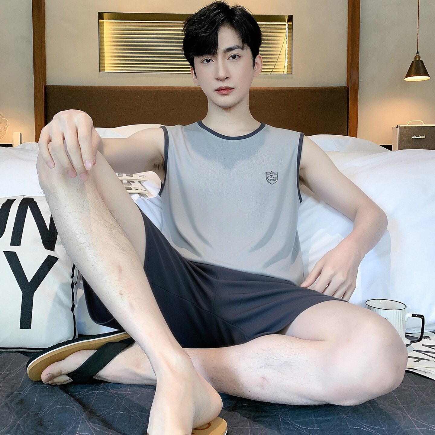 芬腾可安男士睡衣夏季薄款无袖背心短裤莫代尔凉感可外穿家居服套