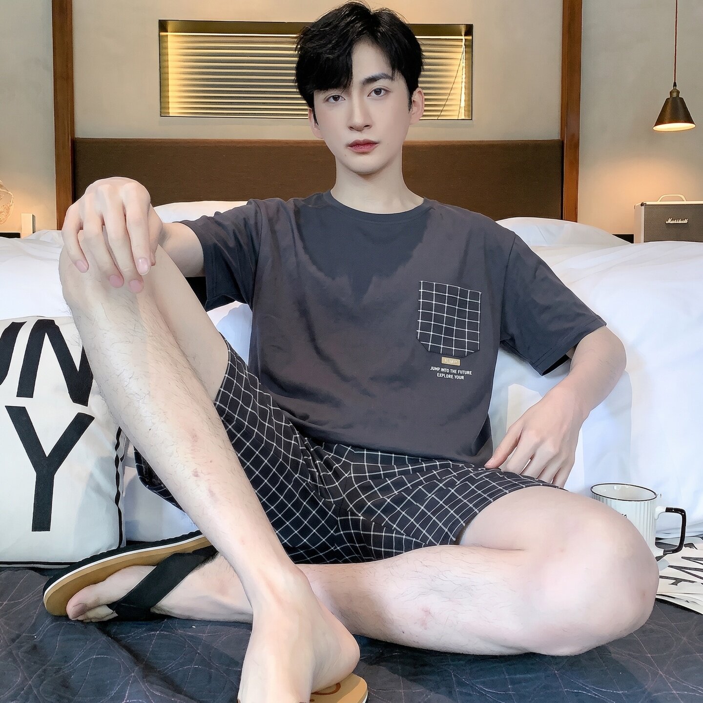 芬腾可安睡衣男士纯棉短袖短裤可外穿家居服夏天男款可外穿加大码