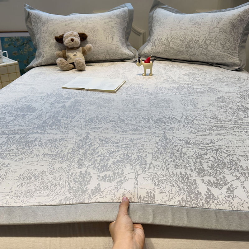 A类韩式灰色碎花夏季冰丝凉席夏天2024新款可折叠空调软席床笠款