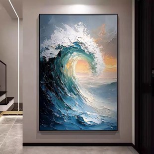 风生水起玄关走廊大芬村油画海浪肌理玄关挂画客厅画