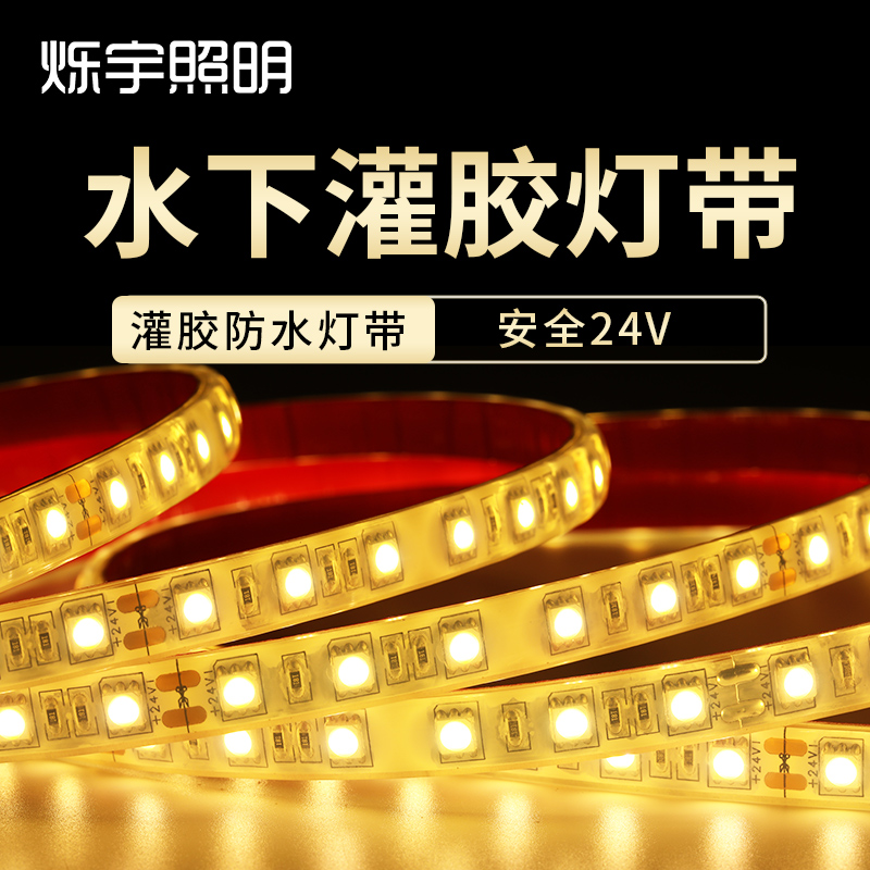 水池用灯带24V5050灌胶防水白光灯带12V渔船喷泉防水白光LED灯条