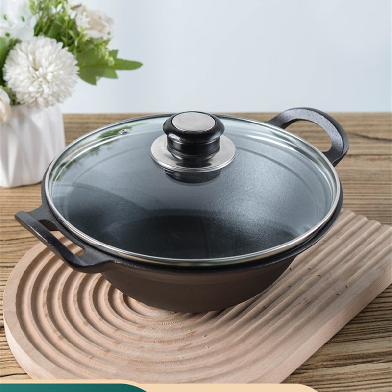 铸铁汤锅不粘锅家用煮粥锅煲多功能小炒锅加深圆底耳小汤锅22cm