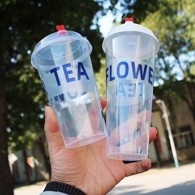 90口径高透注塑杯加厚带盖700ml奶茶杯子一次性塑料果汁杯500定制