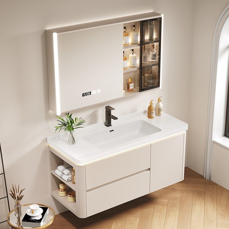 奶油风浴室柜陶瓷一体盆现代简约洗手盆洗脸池卫生间挂墙式洗漱台