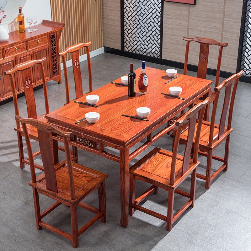 中式实木餐桌椅组合长方形方桌家用餐厅饭店吃饭桌仿古八仙桌榆木