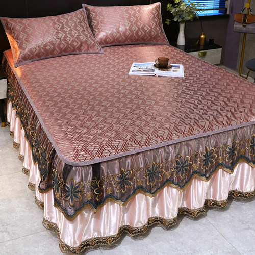 2023新款夏季冰丝凉席藤席床裙三件套防滑空调软席家用折叠床罩席