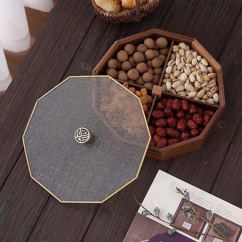 实木干果盘新中式客厅家用分格带盖过年果盒坚果糖果收纳盒水果盘