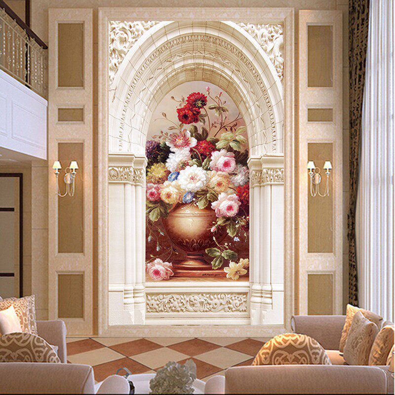 欧式玄关客厅走廊背景墙壁纸画3d立体壁画竖版过道墙纸大气墙布画