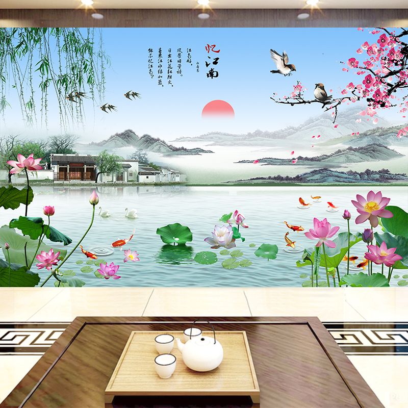 忆江南3d中式徽派山水风景墙壁贴沙发电视背景墙壁纸画客厅8d墙布