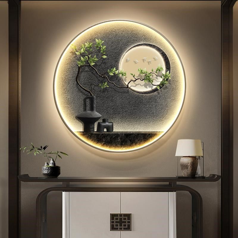 侘寂风玄关装饰画抽象绿植走廊尽头过道灯画客厅高档大气楼梯墙画