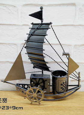 创意金属工艺品帆船造型时钟笔筒多功能摆件学生礼品书房摆件音乐