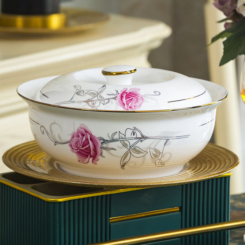 9英寸带盖汤碗家用大汤碗大勺骨瓷餐具碗带盖碗陶瓷大碗汤盆汤勺