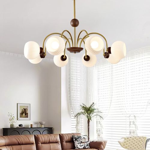 法式中古客厅吊灯新款包豪斯胡桃木色魔豆复古玻璃餐厅灯主卧室灯