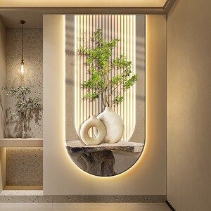 法式奶油风玄关装饰画客厅入户进门挂画光影绿植走廊过道带灯壁画