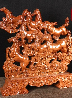 桃木马摆件木雕八骏雄风图马上成功招财木质客厅办公室装饰工艺品