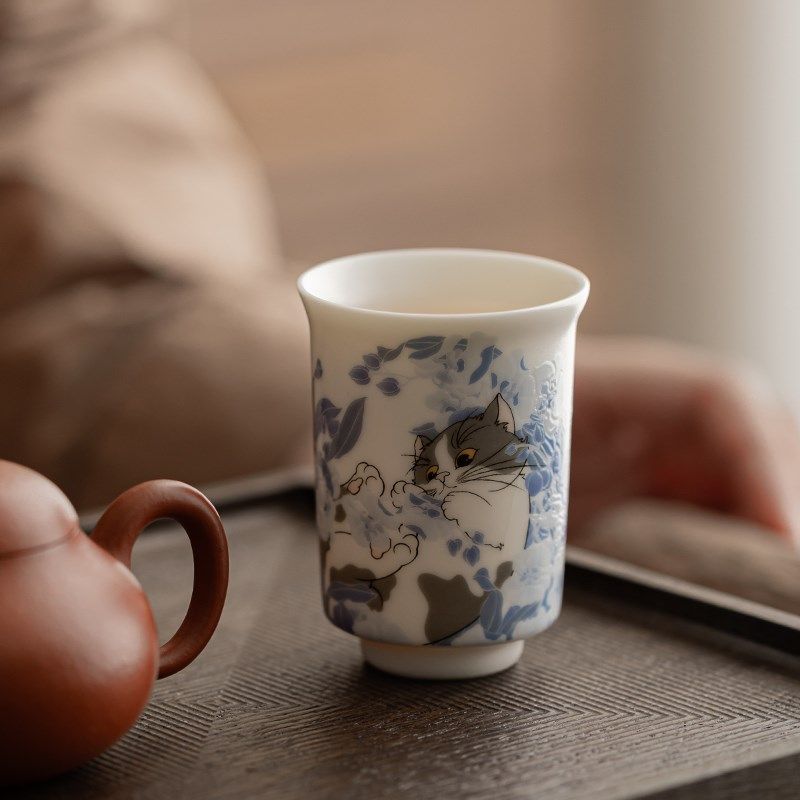羊脂玉瓷茶杯家用陶瓷办公室喝茶主人杯白瓷精品礼盒装萌猫品茗杯
